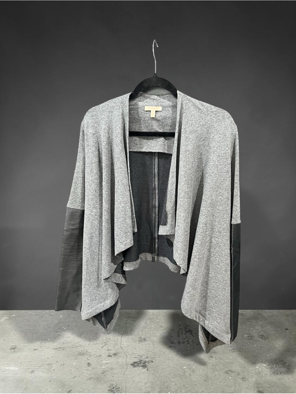 Bordeaux | Gray Draped Open-Front Cardigan and Black Sleeve Panels | Size Medium